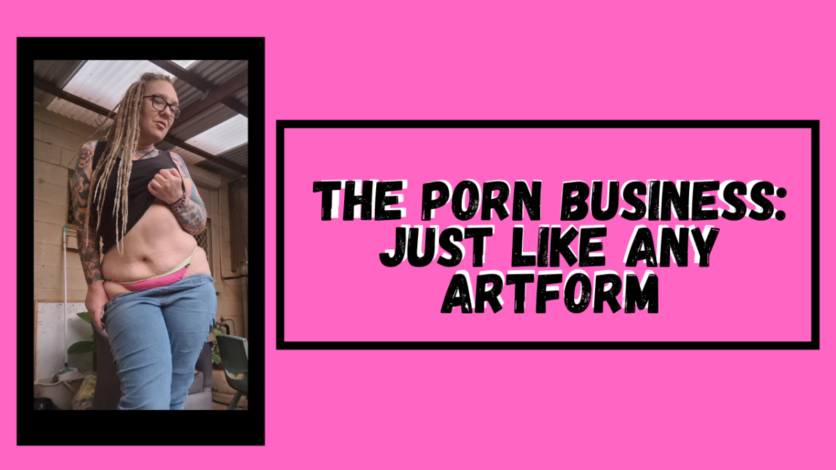 rem sequence blog post header the porn business just like any artform black writing on a pink background milf pawg aussie pornstar pulling blue jeans down and black top up with glasses and long blonde dreadlocks looking playfully at the camera
